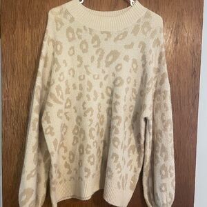 HYFVE Cream Tan Crew Neck Sweater with Leopard Print